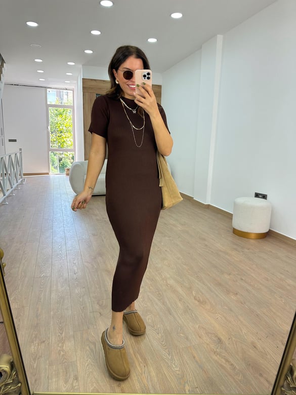 Kısakol Triko Basic Elbise-Kahverengi