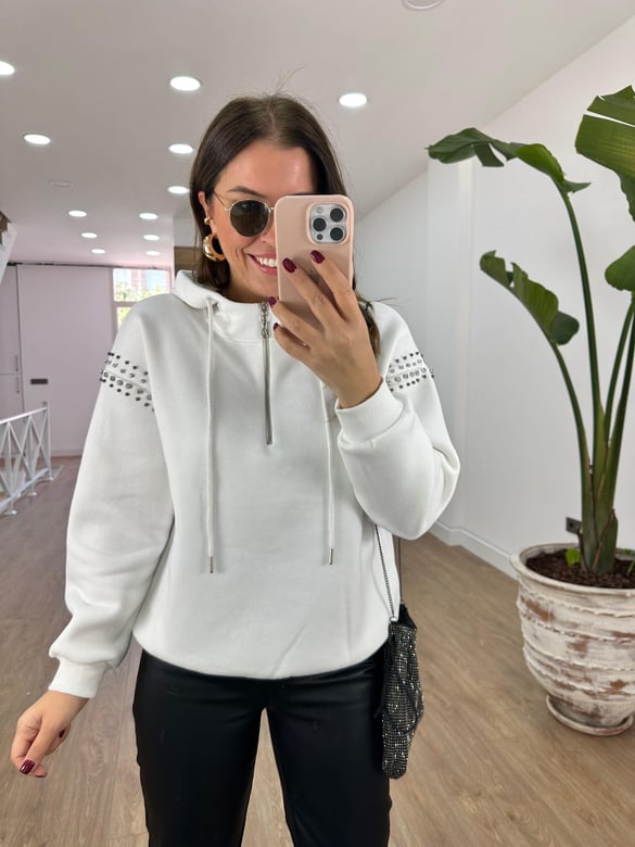 Kolları Taş Detaylı Yarım Fermuarlı Sweatshirt-Beyaz