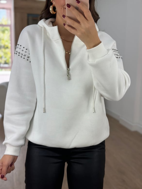 Kolları Taş Detaylı Yarım Fermuarlı Sweatshirt-Beyaz