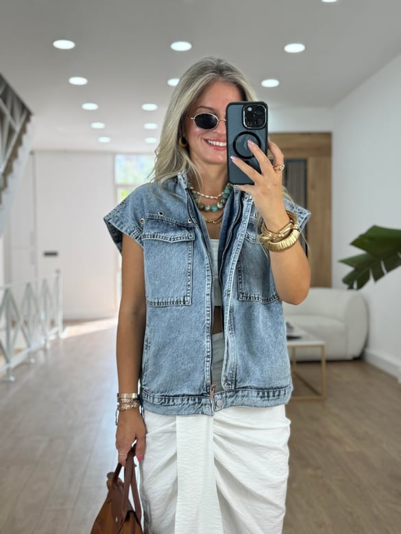 Kuş Gözlü Denim Yelek