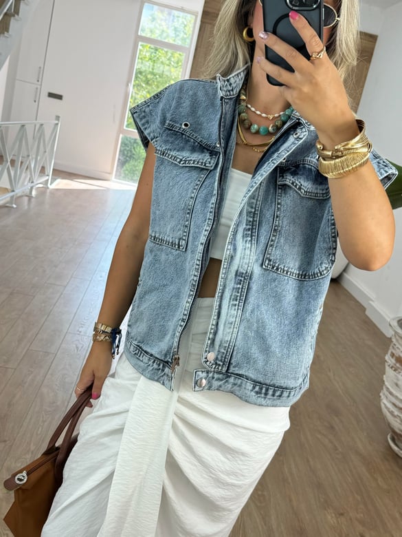Kuş Gözlü Denim Yelek
