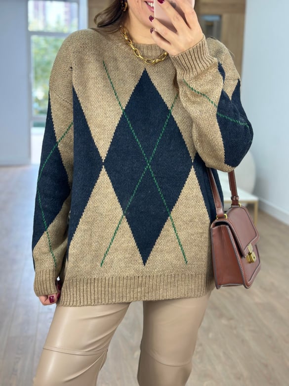 Lacivert Camel Baklava Desenli Kazak