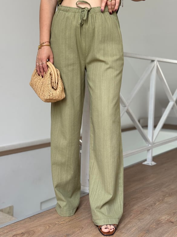 Lastik Detaylı Bluz Pantolon Takım - Çağla Yeşili