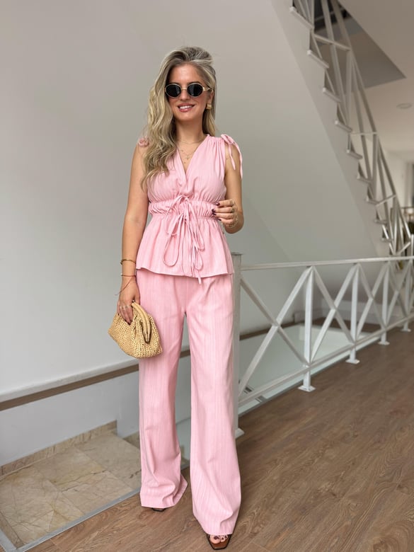 Lastik Detaylı Bluz Pantolon Takım - Pembe