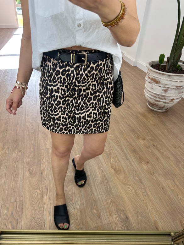 Leopar Desen Denim Etek