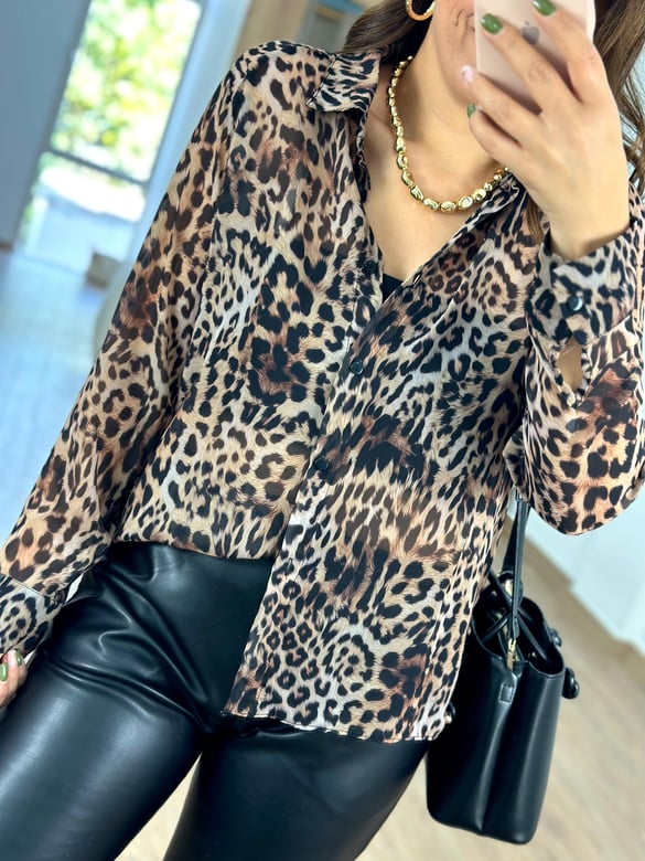 Leopar Desen Şifon Gömlek