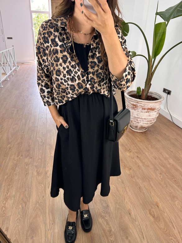 Leopar Gömlek Detaylı Beli Lastikli Elbise