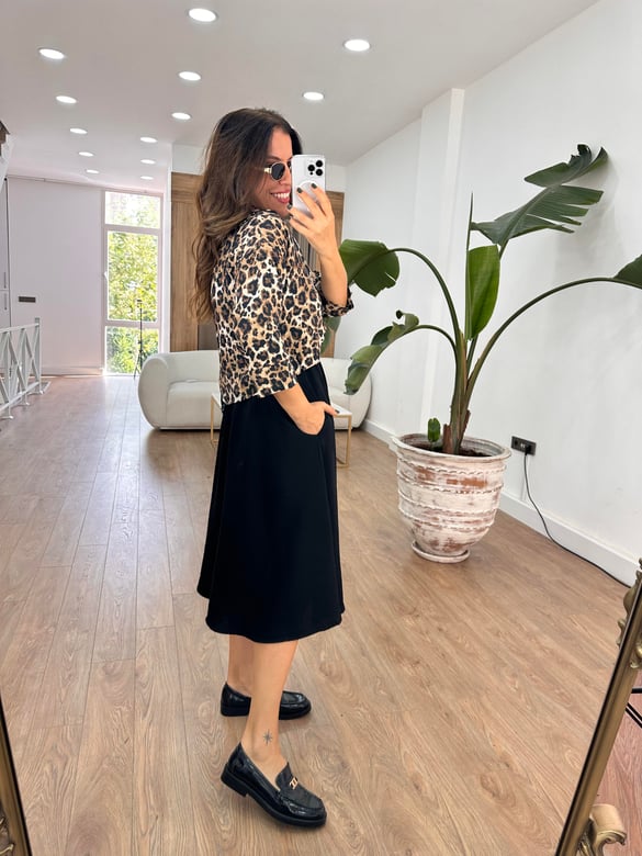 Leopar Gömlek Detaylı Beli Lastikli Elbise