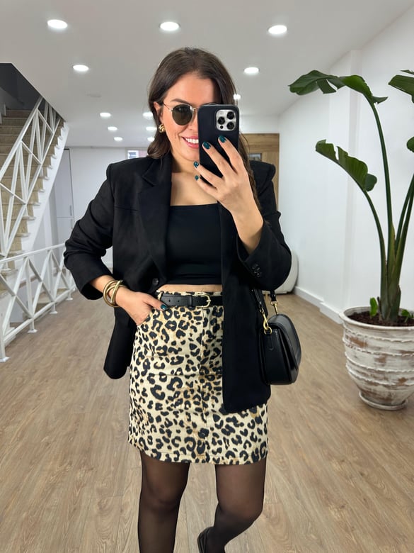 Likralı Pamuklu Leopar Etek