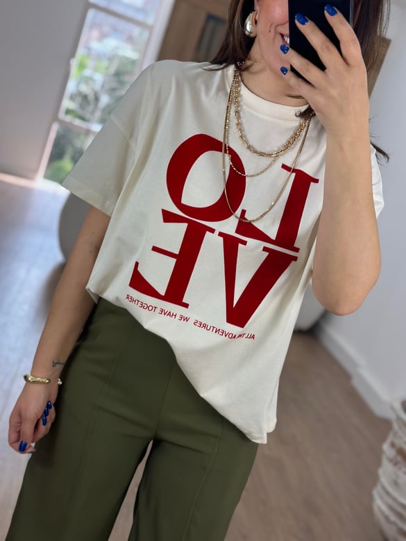 Love Baskılı Oversize Tişört-Ekru
