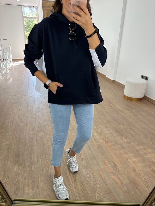 Marka Model Arkası Poplin Sweatshirt- Lacivert