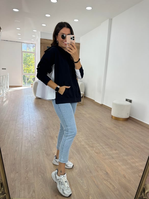Marka Model Arkası Poplin Sweatshirt- Lacivert