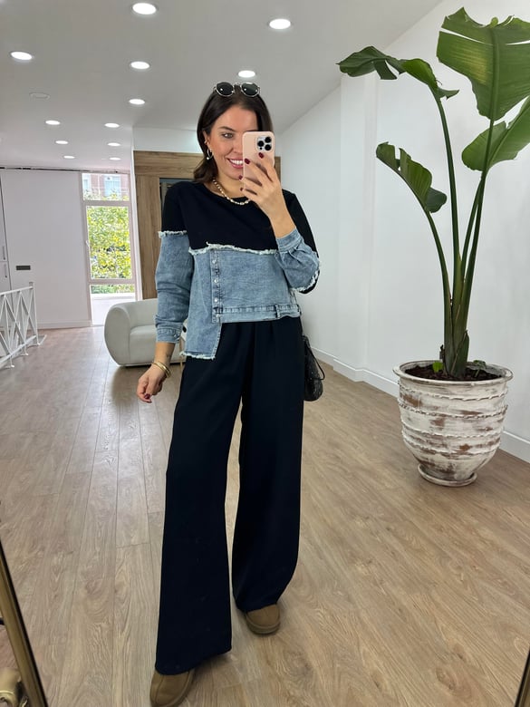 Marka Model Jean Detaylı Sweatshirt-Siyah