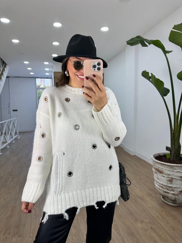 Marka Model Kuş Gözlü Triko Kazak-Ekru