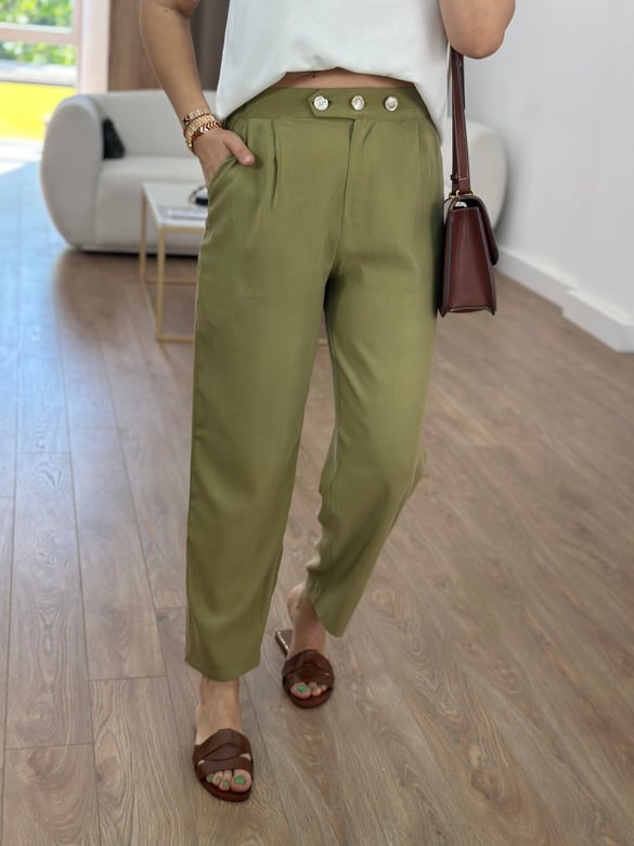 Marka Model Taş Düğmeli Tensel Pantolon-Yeşil