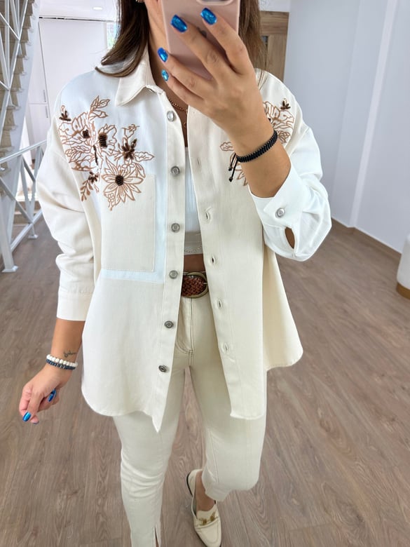 Nakışlı Çift Renk Oversize Gabardin Ceket -Ekru