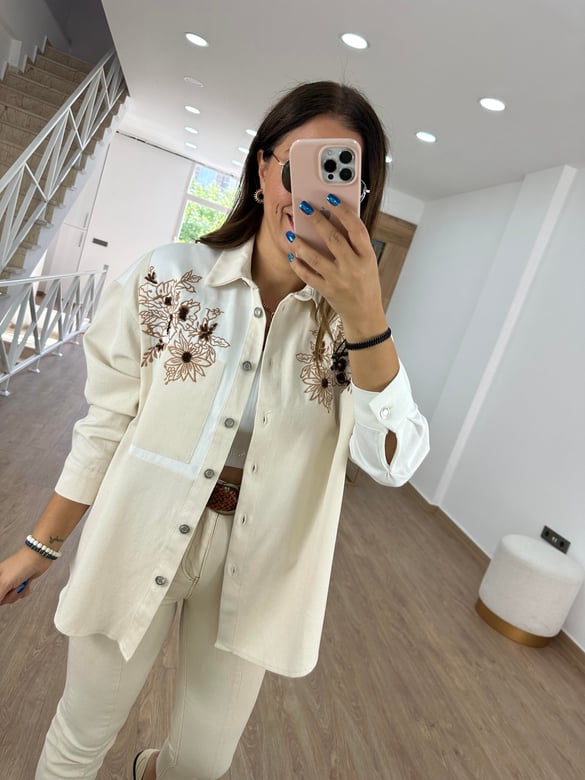 Nakışlı Çift Renk Oversize Gabardin Ceket -Ekru