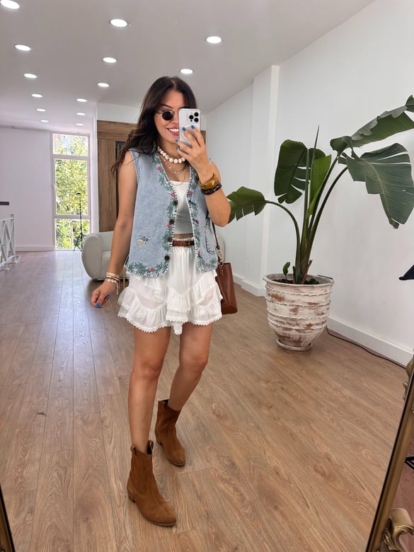 Nakışlı Denim Yelek