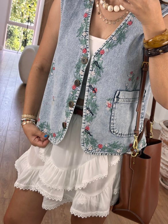 Nakışlı Denim Yelek