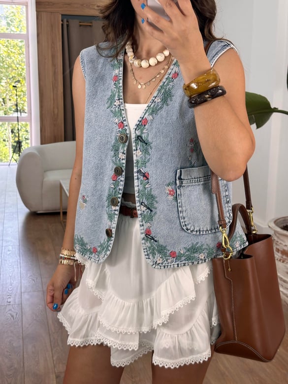 Nakışlı Denim Yelek
