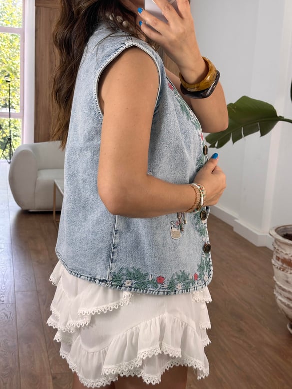 Nakışlı Denim Yelek