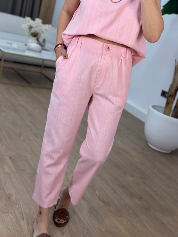 Omuz Detaylı Kuşaklı Keten Takım - Pembe