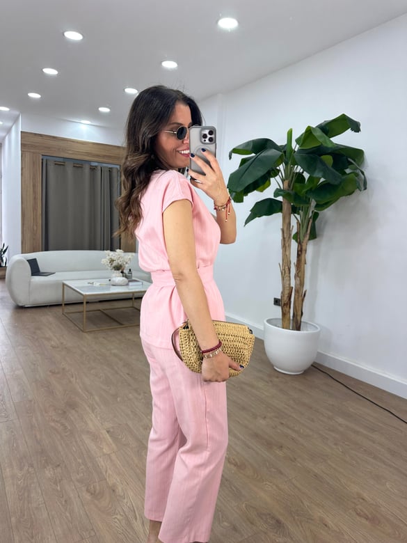 Omuz Detaylı Kuşaklı Keten Takım - Pembe