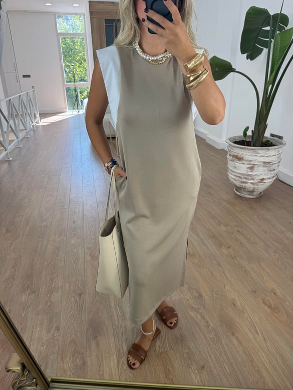 Omzu Poplin Detaylı Modal Elbise-Bej