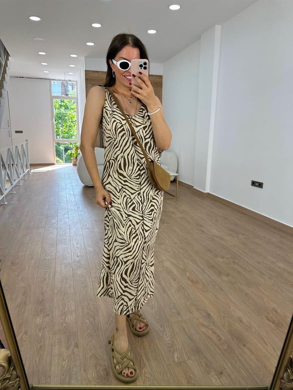 Önü Arkası V Zebra Elbise-Kahve