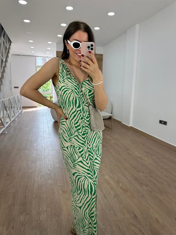 Önü Arkası V Zebra Elbise-Yeşil