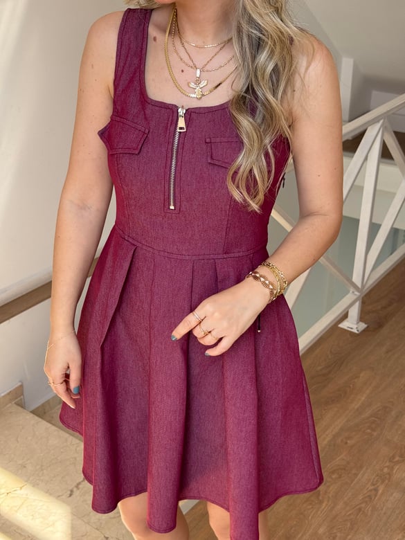 Önü Cep Detaylı Denim Elbise - Bordo 