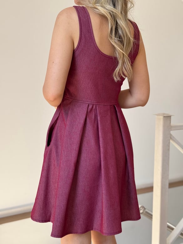 Önü Cep Detaylı Denim Elbise - Bordo 