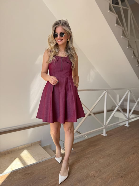 Önü Cep Detaylı Denim Elbise - Bordo 