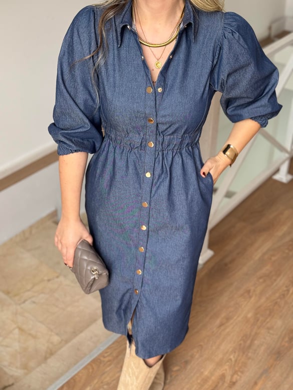 Önü Çıtçıtlı Tensel Denim Elbise-Mavi 