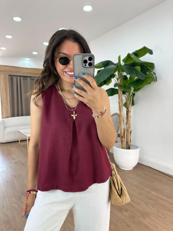 Önü Dikiş Detaylı Keten Bluz - Bordo