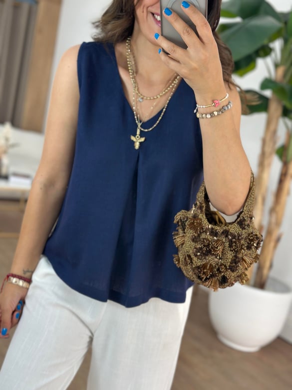 Önü Dikiş Detaylı Keten Bluz - Lacivert
