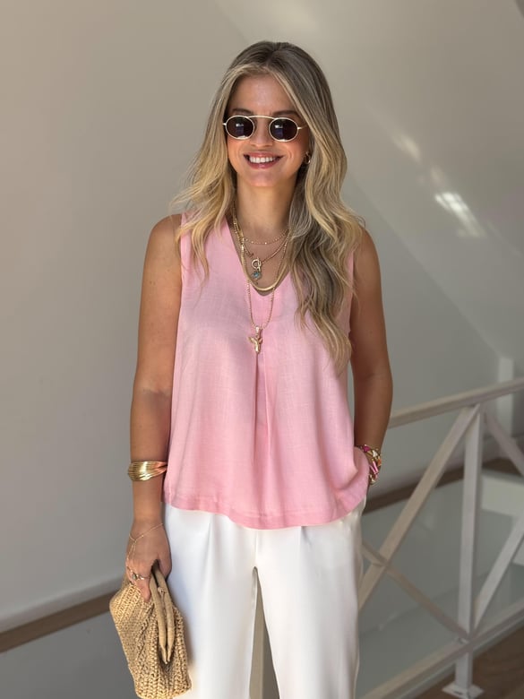 Önü Dikiş Detaylı Keten Bluz - Pembe