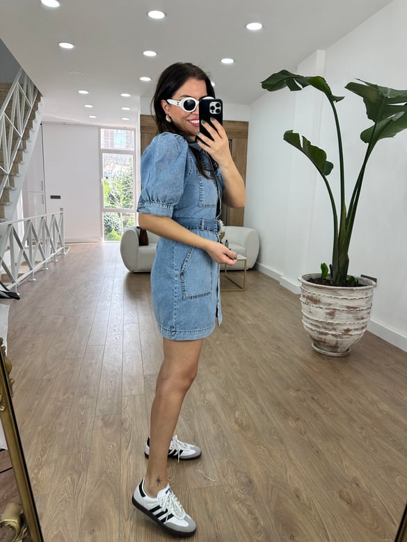 Önü Düğmeli Balon Kol Denim Elbise