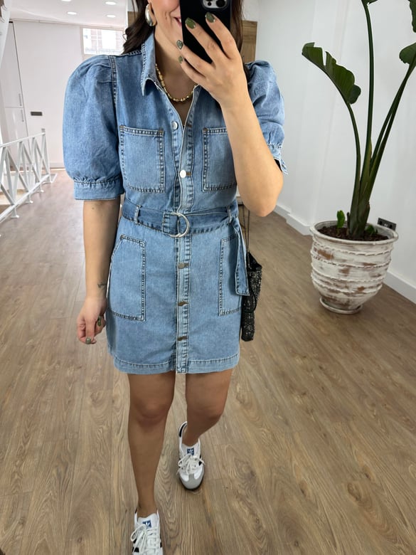 Önü Düğmeli Balon Kol Denim Elbise