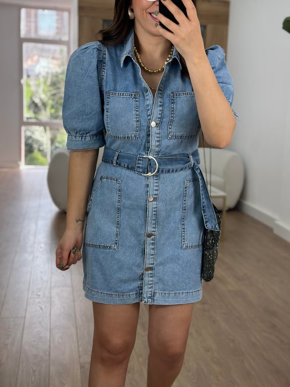 Önü Düğmeli Balon Kol Denim Elbise