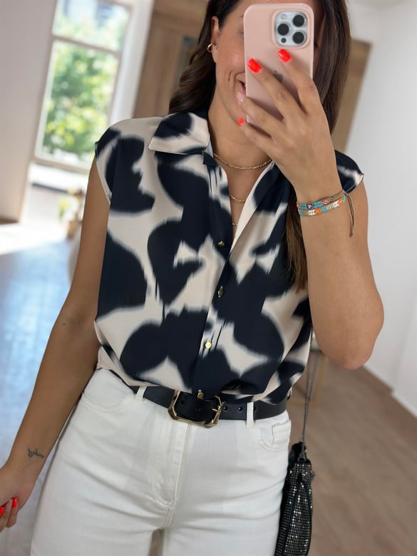 Önü Düğümlü Batik Desen Gömlek-Siyah