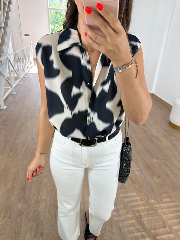 Önü Düğümlü Batik Desen Gömlek-Siyah