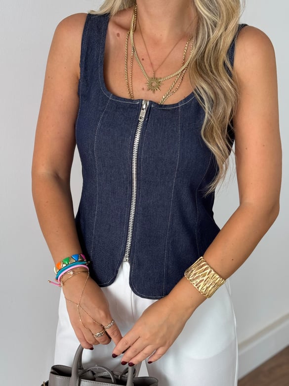 Önü Fermuar Detaylı Denim Bluz