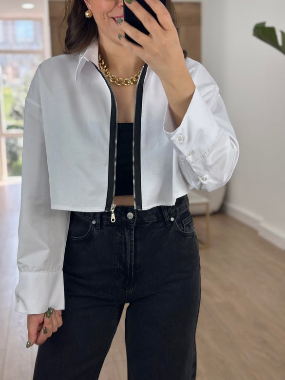 Önü Fermuarlı Crop Gömlek