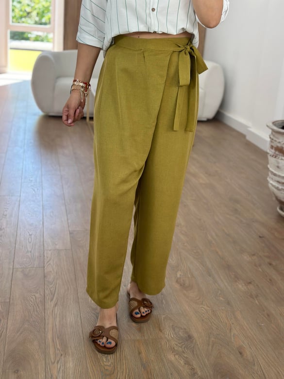 Önü Kapamalı Keten Pantolon-Olive