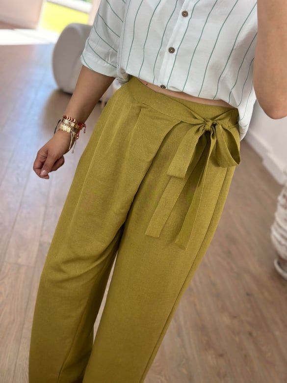 Önü Kapamalı Keten Pantolon-Olive