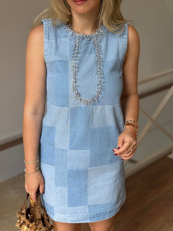 Önü Taş Detaylı Mini Denim Elbise 