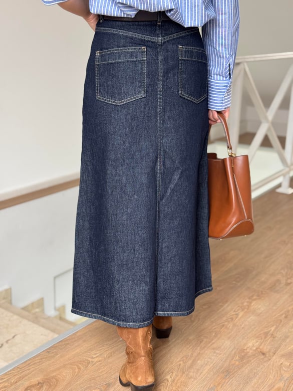 Önü Yırtmaçlı Cep Detaylı Denim Etek