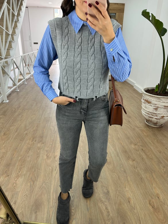 Örgü Desen Süveterli Poplin Gömlek