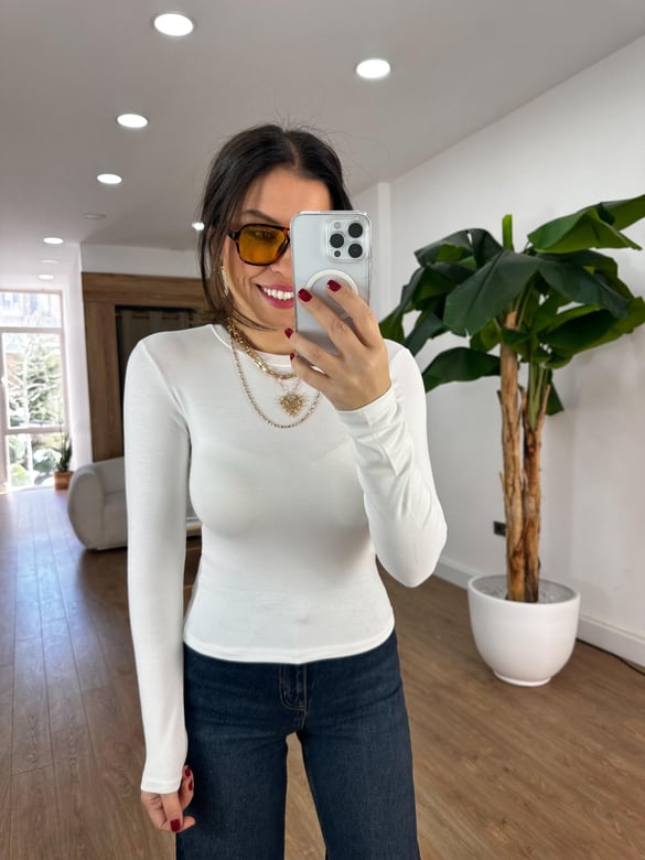 Orijinal Marka Bisiklet Yaka Basic Bluz - Beyaz